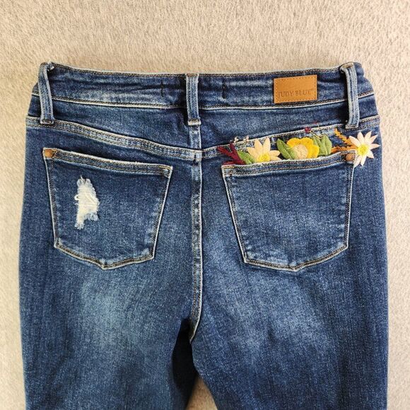 Judy Blue Jeans Womens 27 Blue Floral Embroidered High Rise Boyfriend Flowers - Picture 6 of 16